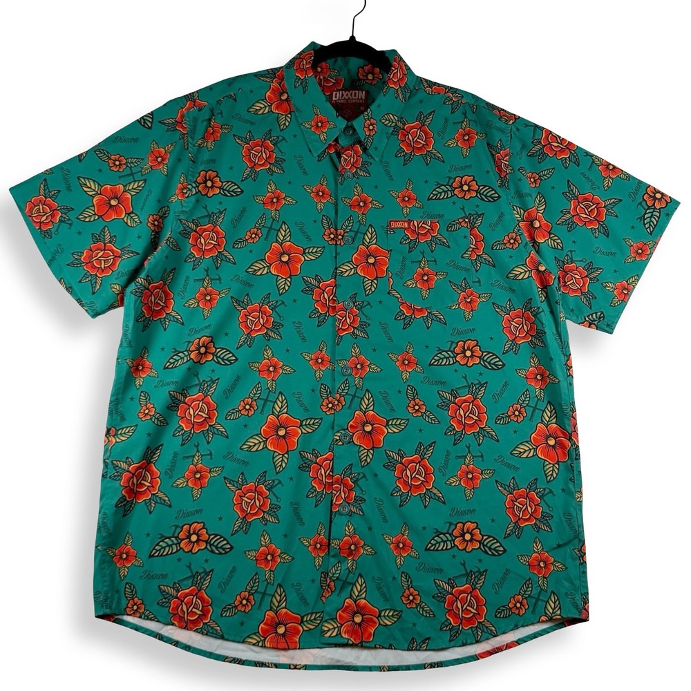 Dixxon Flannel Co Stay Gold Mens XL Teal Rose Tattoo Print Button Down Shirt